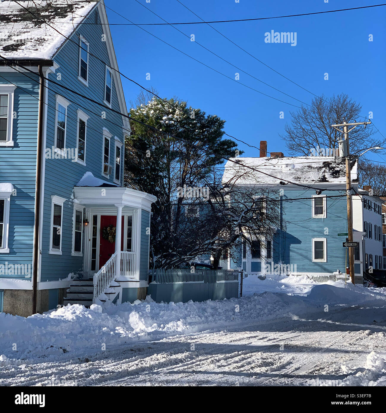 December, 2020 a residential street near downtown, Salem, Massachusetts, United States - Smartphone Captured Stock Image