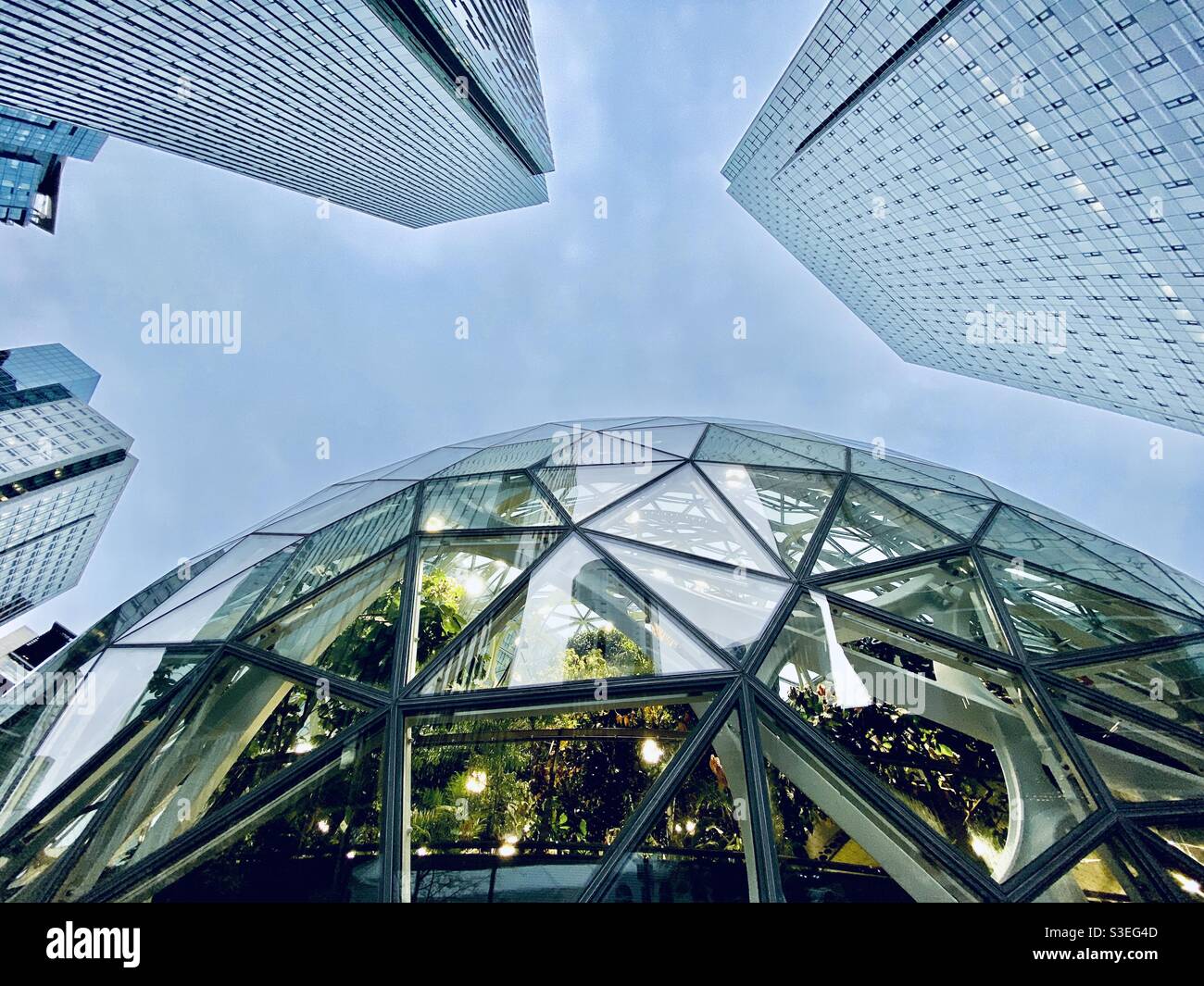 “The Spheres,” part of the iconic Amazon.com campus/headquarters in downtown Seattle, and surrounding newly constructed buildings Stock Photo