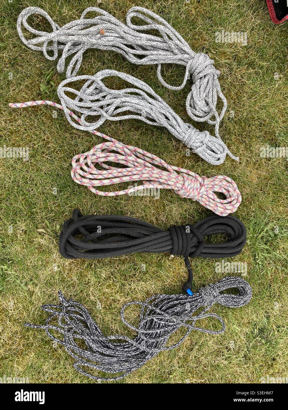 Five sailing sheets (rope) coiled and placed on the grass Stock Photo