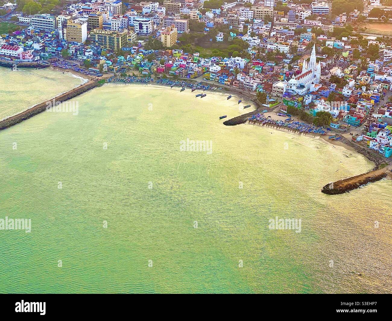 Aerial picture of Kanyakumari, Tamil Nadu , India at Sunset Stock Photo