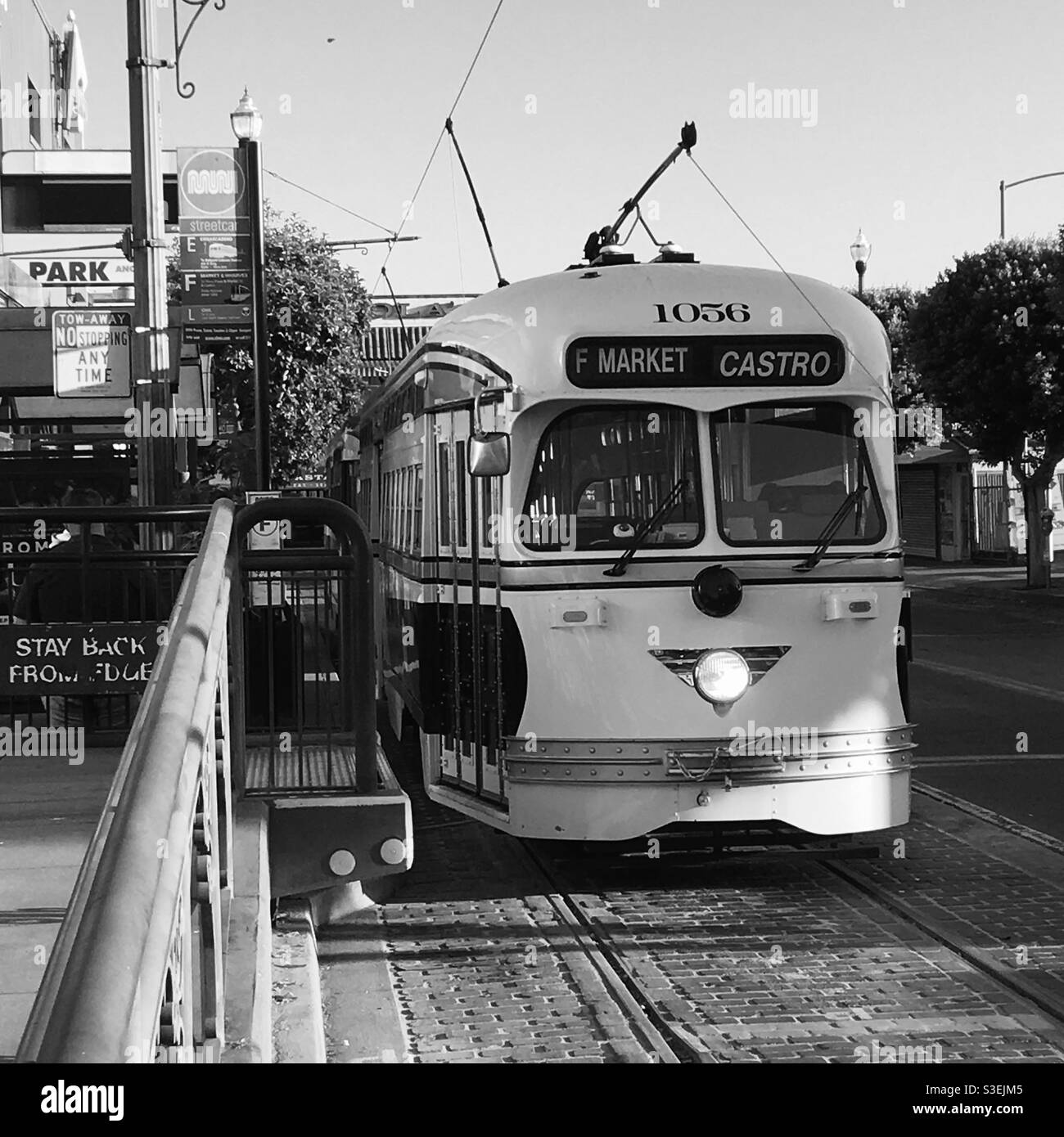 Streetcar in San Francisco’s Fisherman’s Wharf area bound for Market and Castro, black and white - Smartphone Captured Stock Image