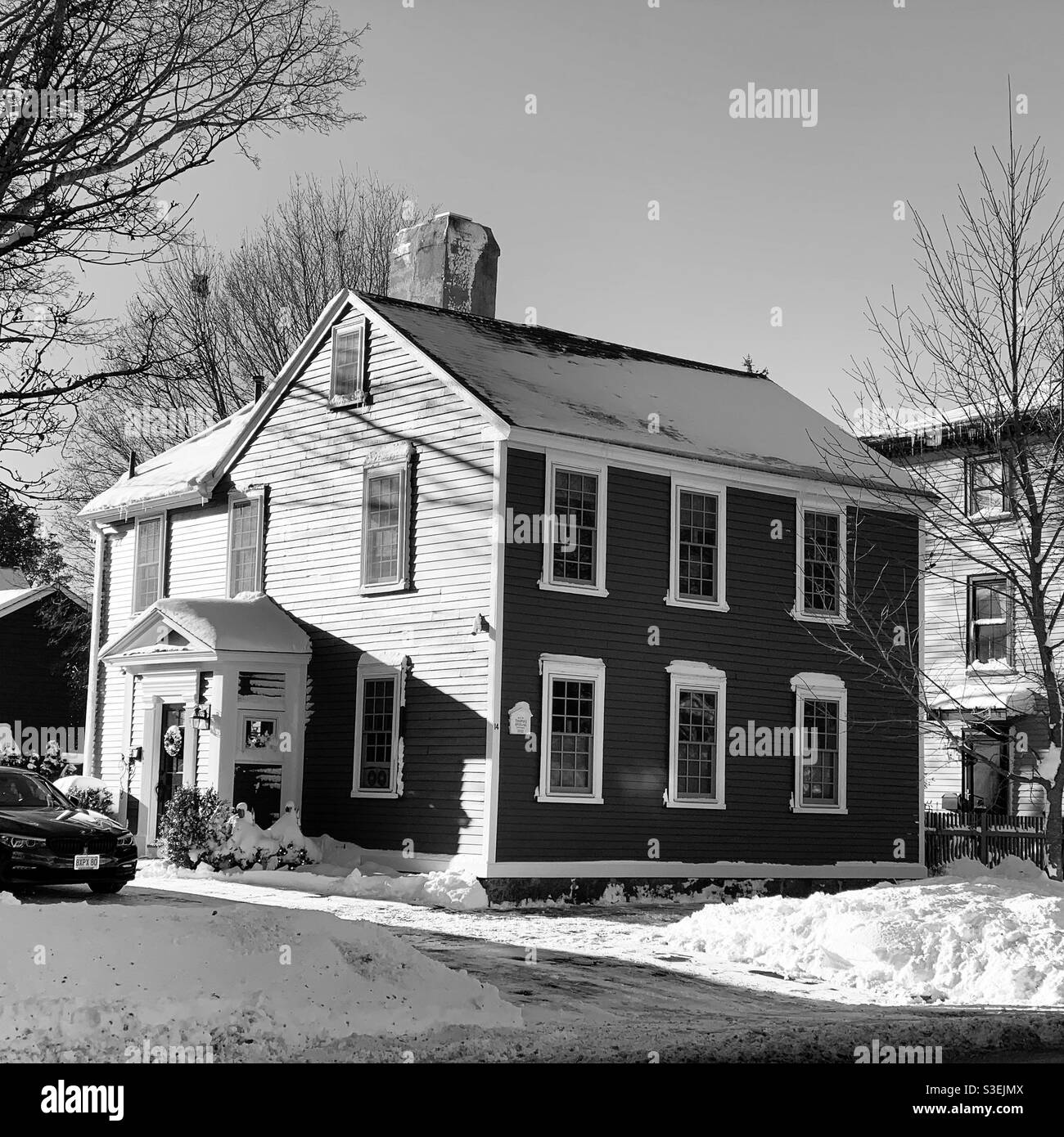 December, 2020. Black and white image of a home in Salem, Massachusetts, United States - Smartphone Captured Stock Image