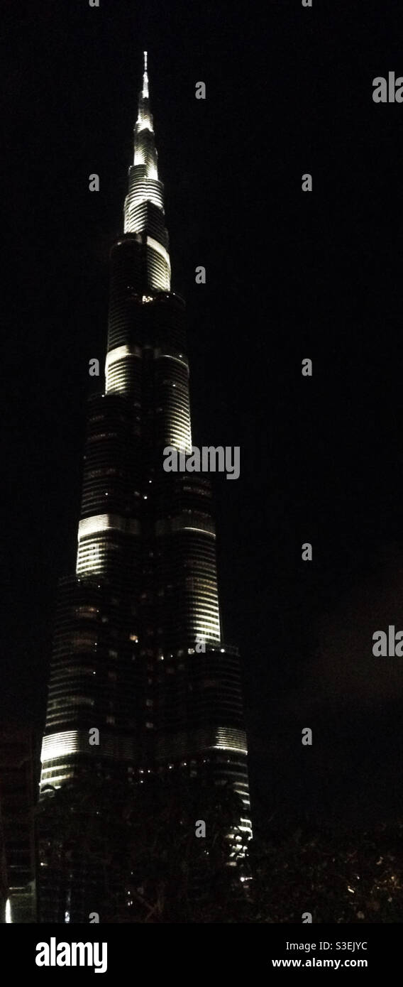 Burj Khalifa illuminated at night, Dubai, United Arab Emirates Stock
