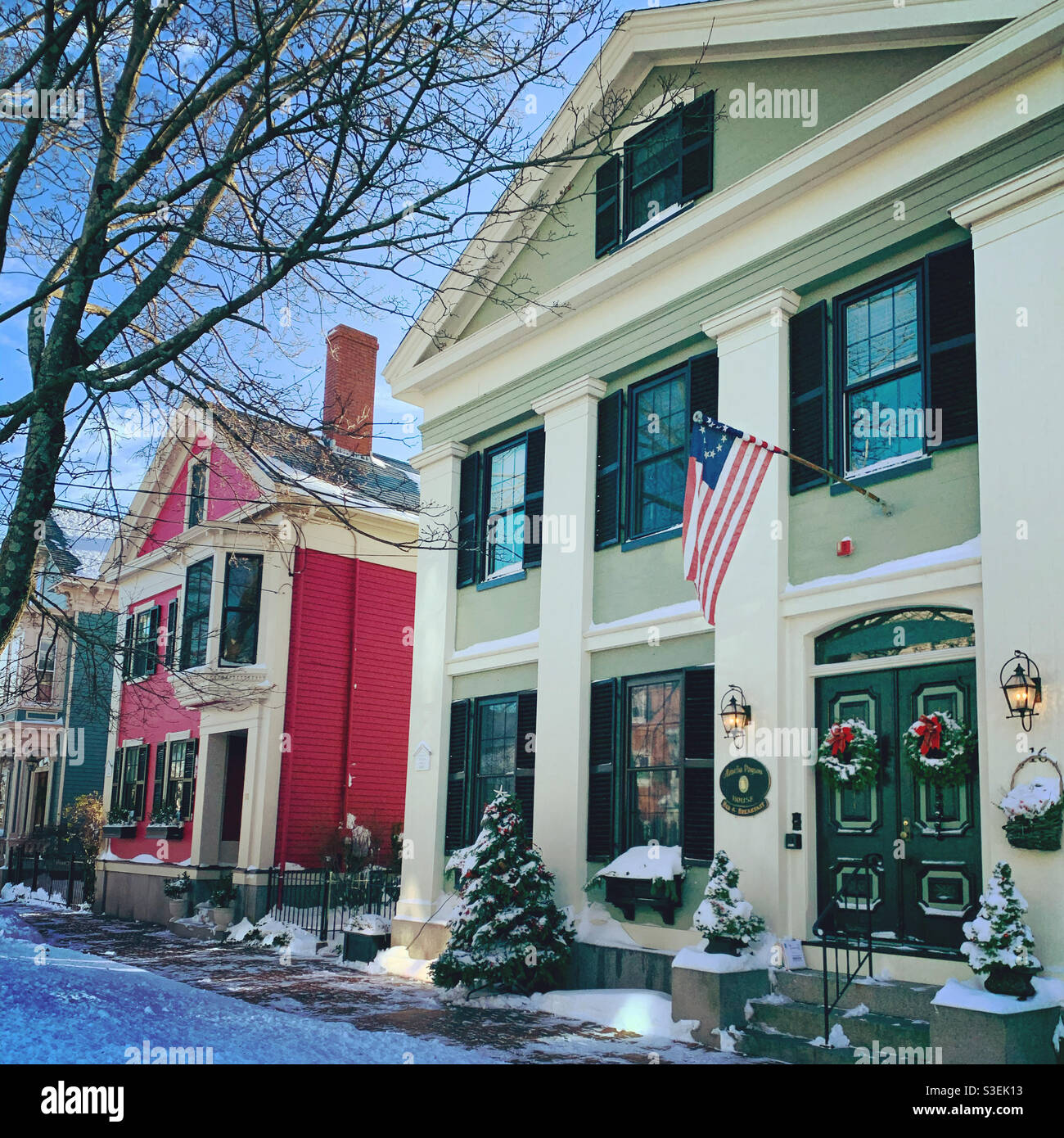 December, 2020, Amelia Payson House Bed and Breakfast and other buildings in downtown Salem, Massachusetts, United States - Smartphone Captured Stock Image