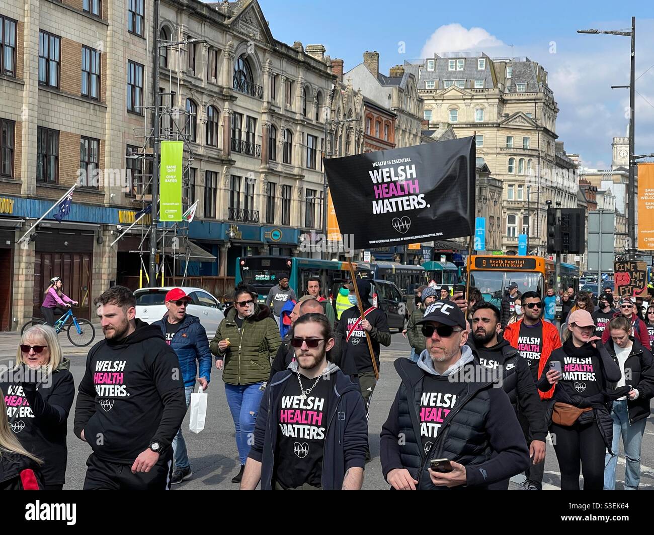 Cardiff, Wales - 10 April 2021: Gym users March through the centre of Cardiff on their way to a protest at the National Assembly for Wales. Gyms are closed until early May Stock Photo