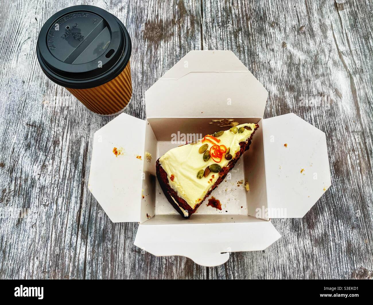 Take away carrot cake and coffee - Smartphone Captured Stock Image