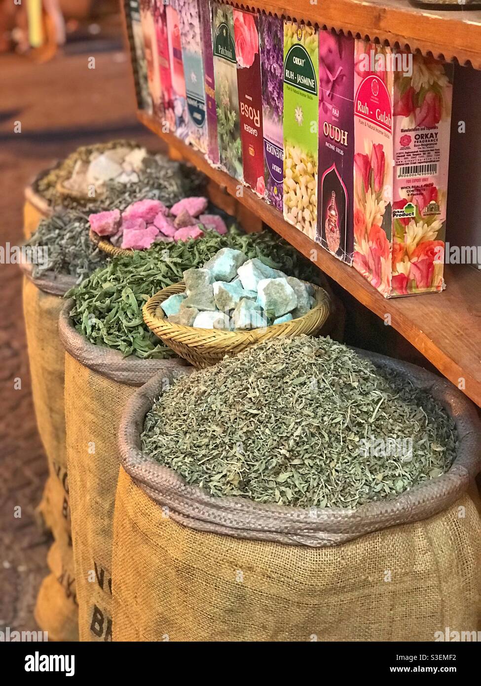 Spice shop. Marrakech Medina. Stock Photo