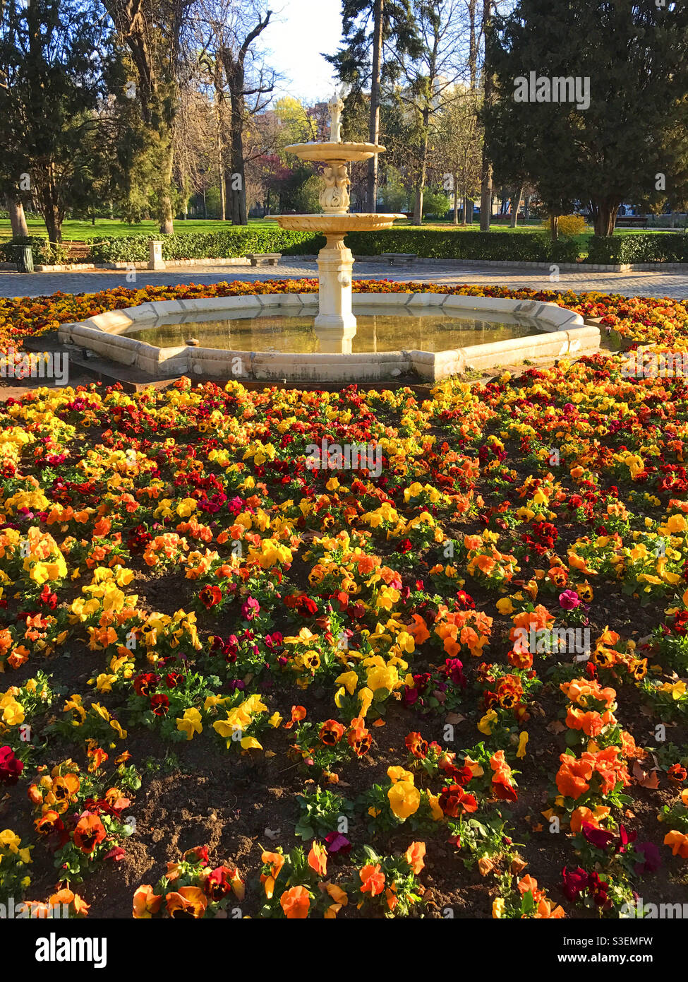 Fountain and flowers. El Retiro park, Madrid, Spain - Smartphone Captured Stock Image