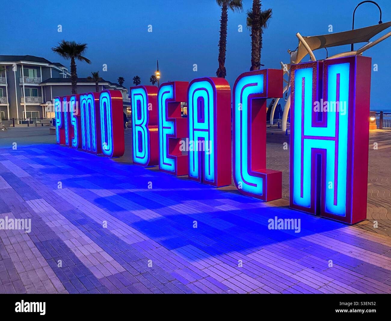 The neon lights for the sign of Pizmo beach in California Stock Photo