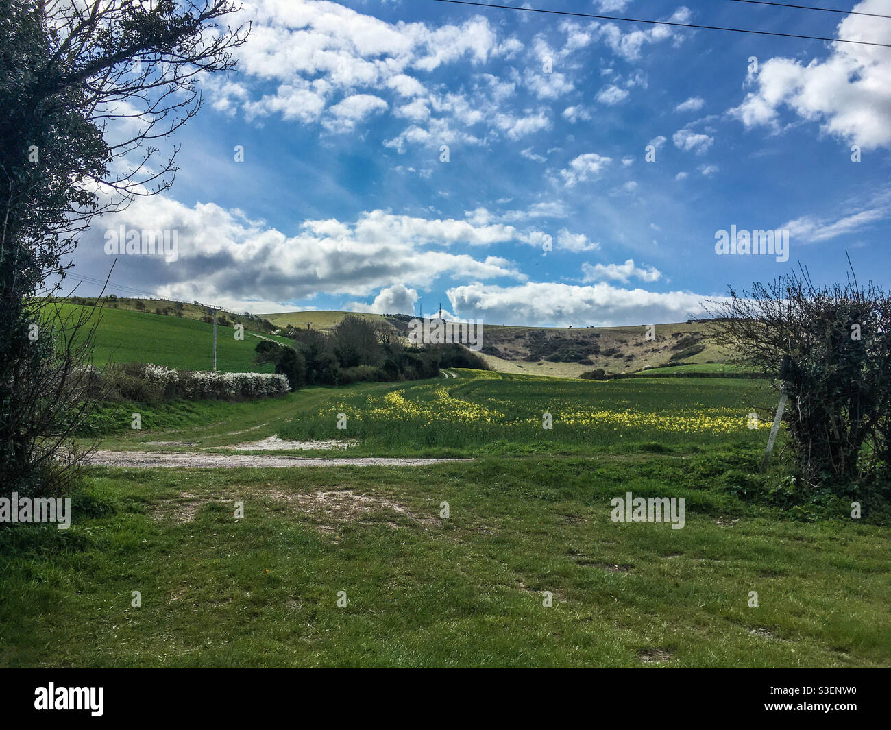 View towards the South Downs From Littledene, Beddingham, East Sussex in the spring - Smartphone Captured Stock Image
