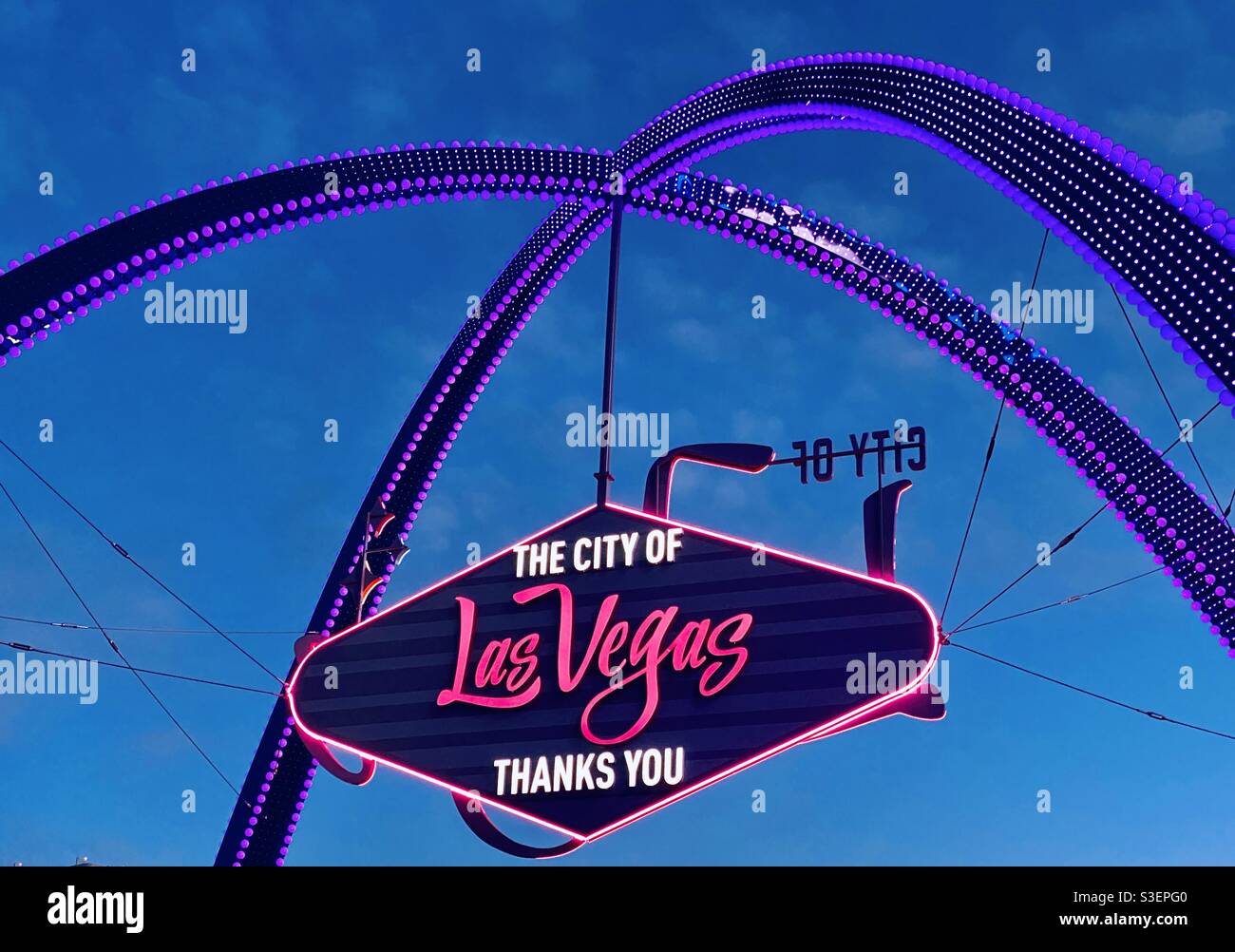 Welcome sign to Las Vegas that straddles over Las Vegas Boulevard at the Stratosphere Casino - Smartphone Captured Stock Image