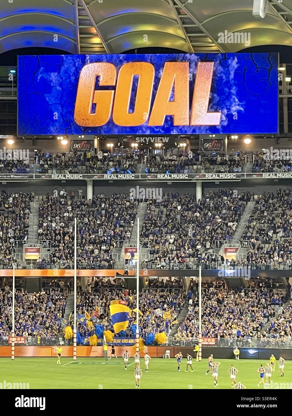 AFL West Coast Eagles score a goal against Collingwood Football Club at Optus Stadium Perth Western Australia. Stock Photo