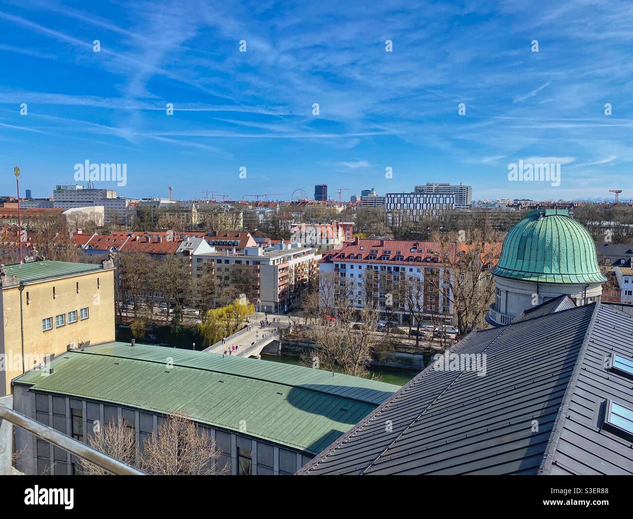 View at Munich city center, bridge over Isar river and the roof of Deutsches Museum, Germany. - Smartphone Captured Stock Image