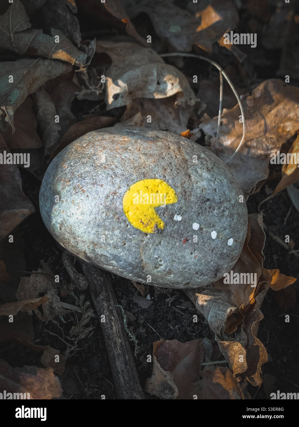 Stone painted with pac man. Brownies Cubs scouts.  Pebble art Stock Photo