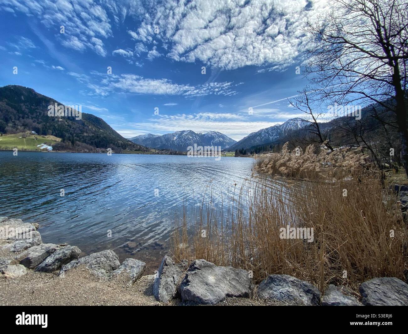 Mountain view with lake Schliersee in Bavarian Alps, Germany. - Smartphone Captured Stock Image