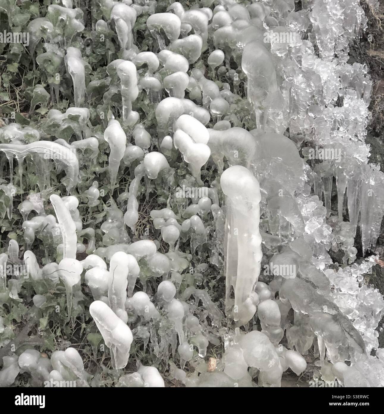 Beautiful Ice formations on a cascade in an English landscape garden. Stock Photo