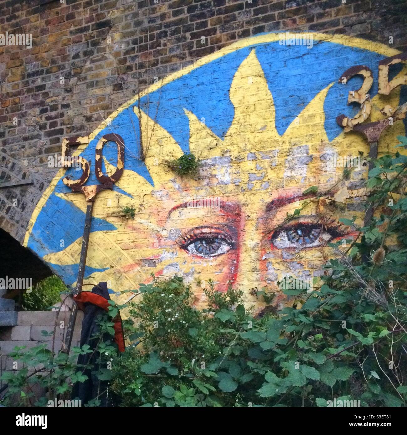 Overgrown graffiti art mural close to the River Lea in Clapton, London, UK - Smartphone Captured Stock Image