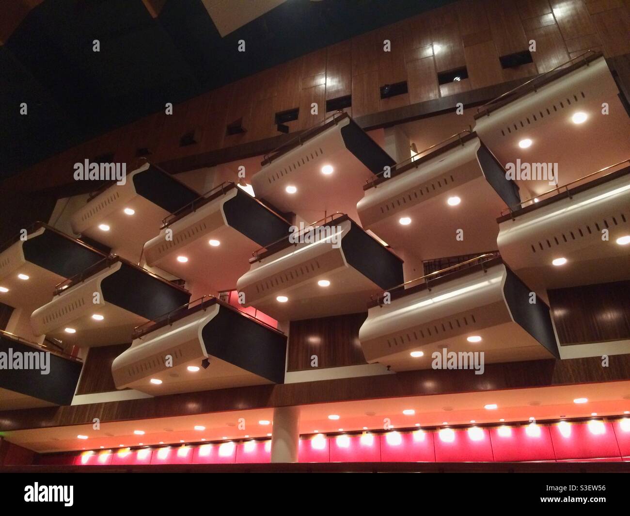 Boxes seen from below in the Queen Elizabeth hall, a performance venue in the Southbank Centre in London, UK Stock Photo