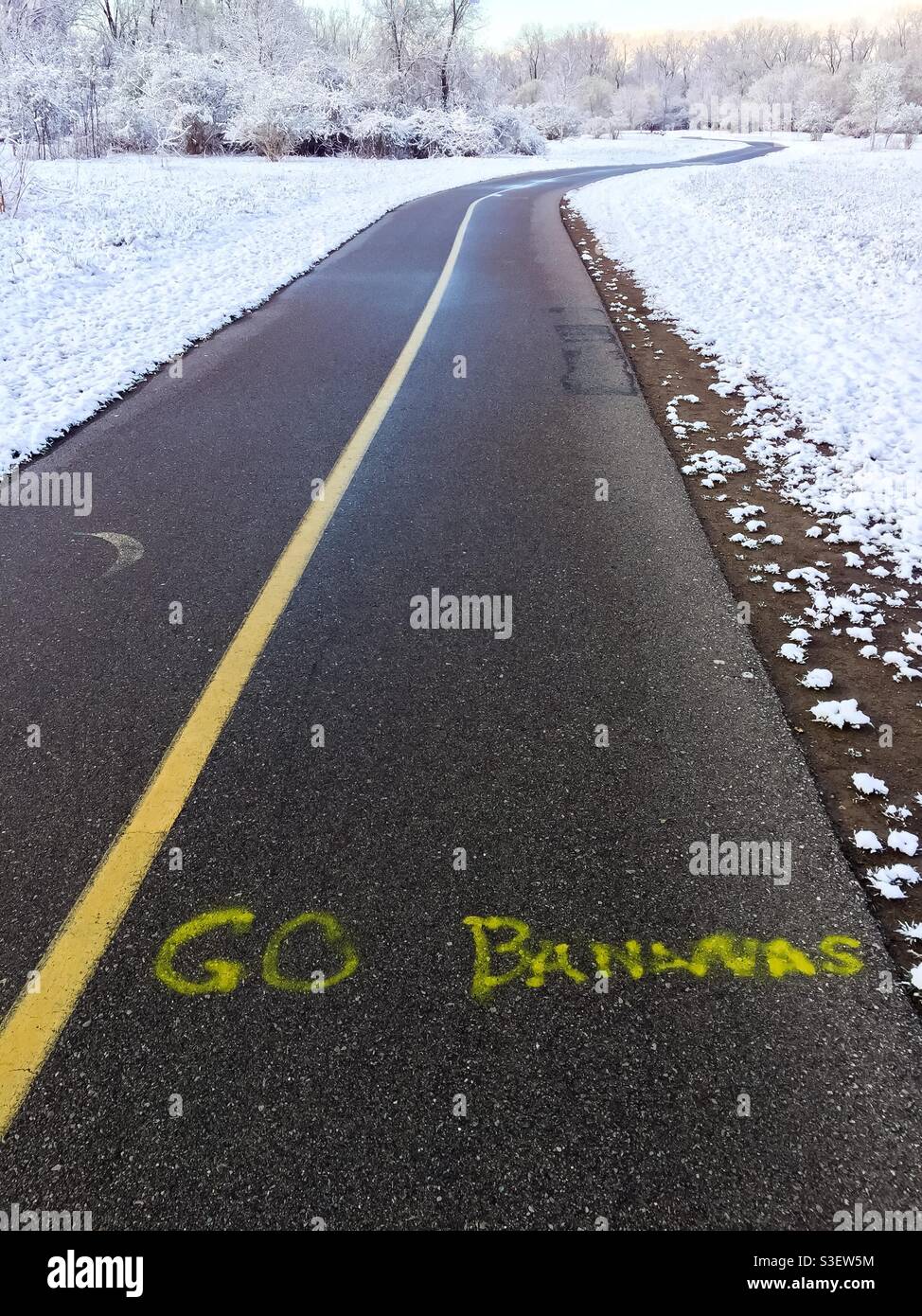 A tropical message in the midst of snow on a winding path, early morning, Ontario, Canada. Space shared by people walking, joggers, cyclists, dog walkers later in the day. - Smartphone Captured Stock Image