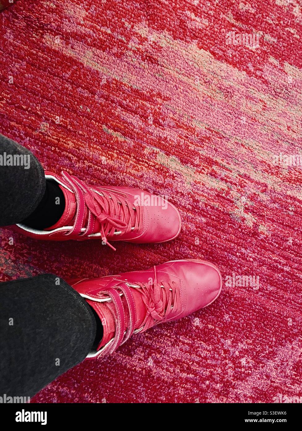 Woman standing on a pink carpet wearing a pair of hot pink Reebok high top athletic shoes, USA Stock Photo