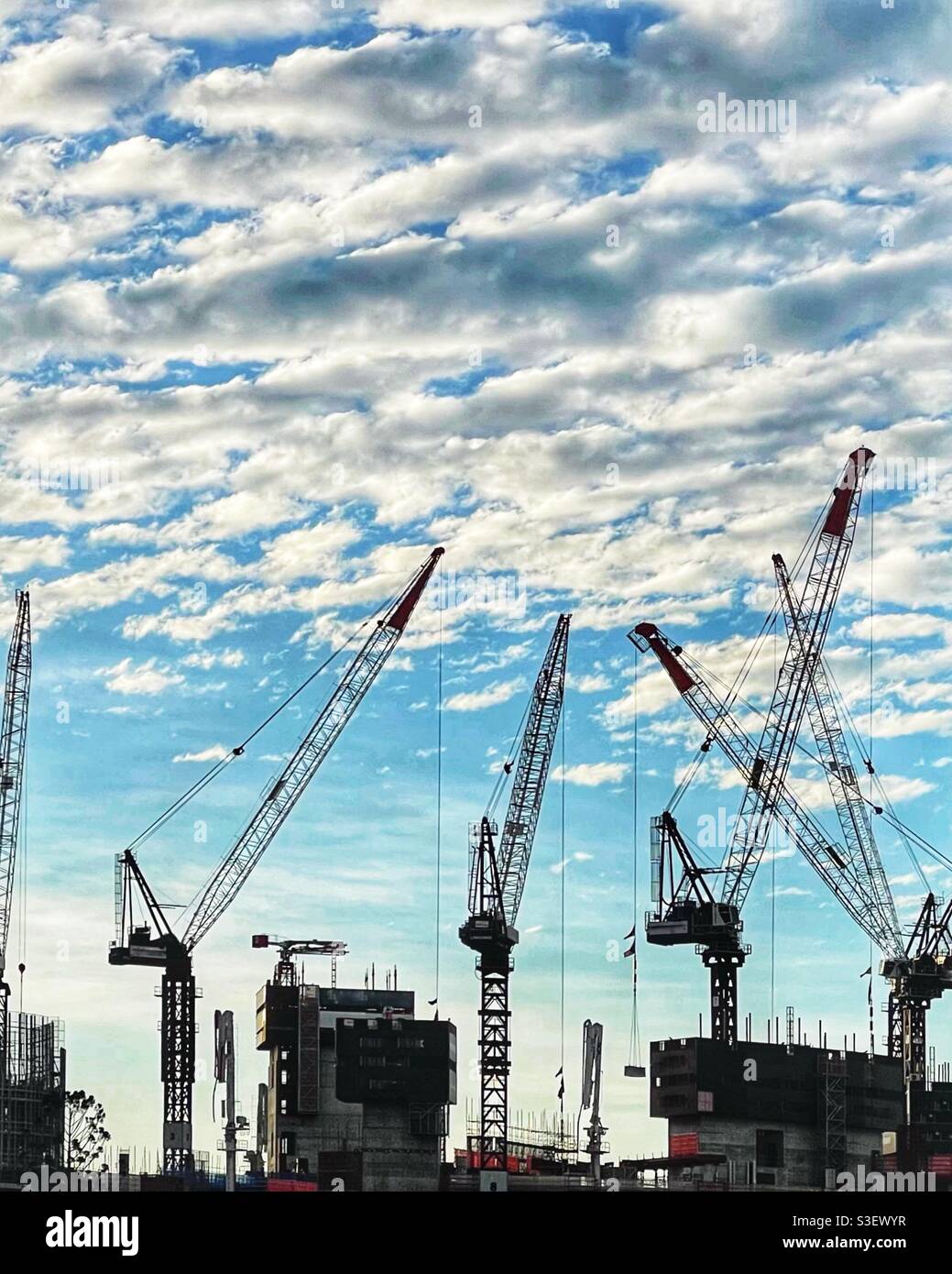Cranes and construction site silhouettes against cloudy sky in Brisbane, Queensland, Australia - Smartphone Captured Stock Image