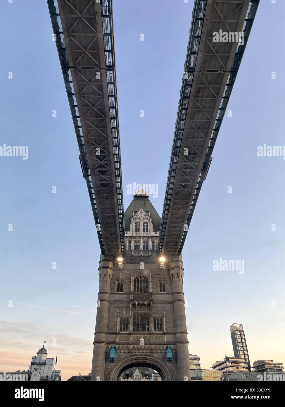Under Tower Bridge London looking up at the Tower - Smartphone Captured Stock Image