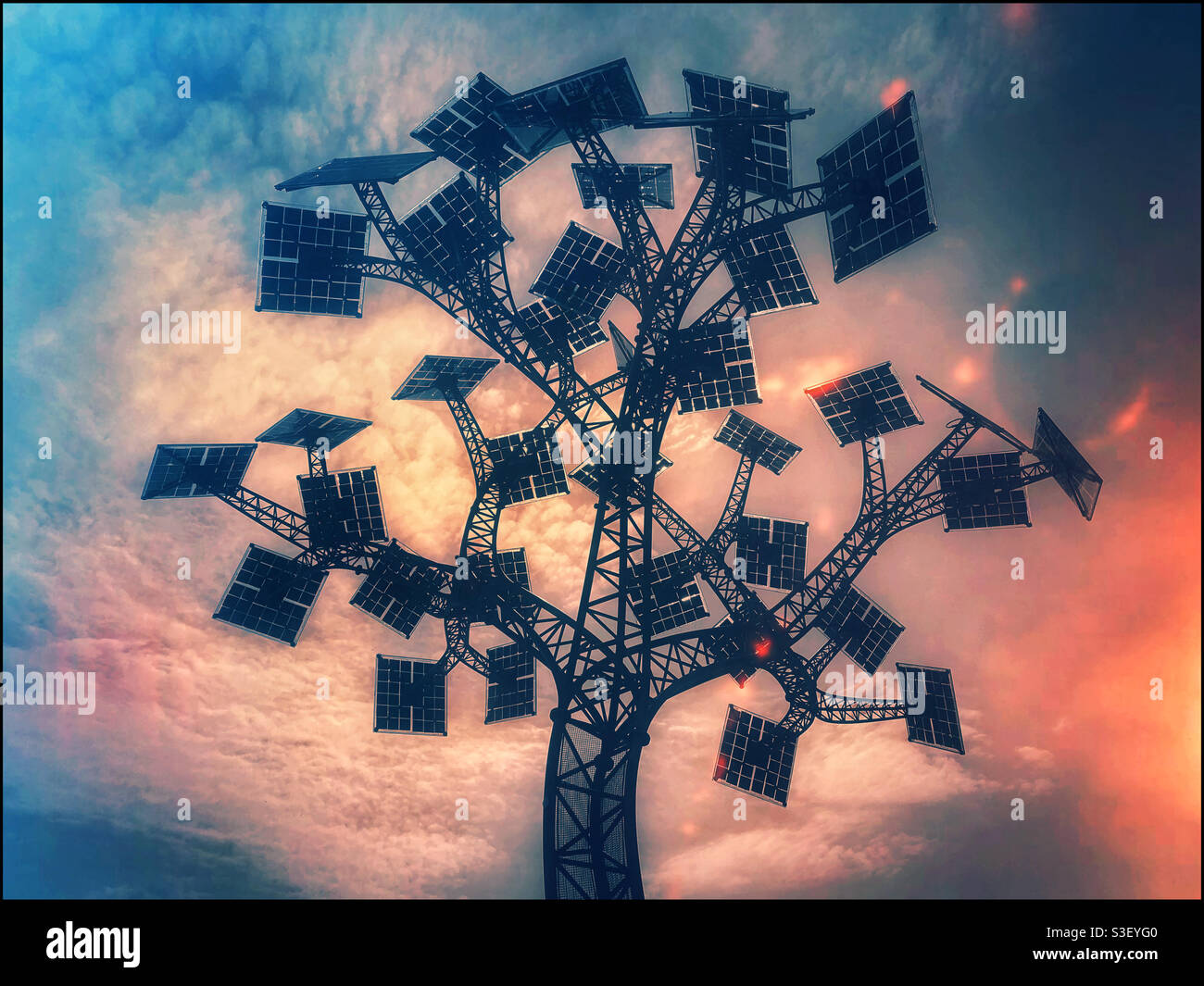 An outer worldly image from a distant Galaxy? Or maybe just Solar panels at different angles, shaped like a tree in Bristol, England. Photo Credit - ©️ COLIN HOSKINS. - Smartphone Captured Stock Image