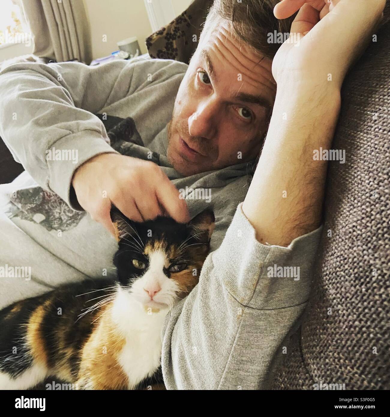 Man stroking tortoiseshell cat - Smartphone Captured Stock Image