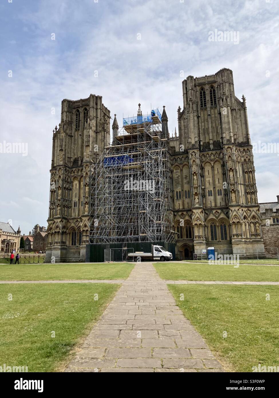 Wells cathedral with scaffolding, Somerset, UK - under repair Stock Photo