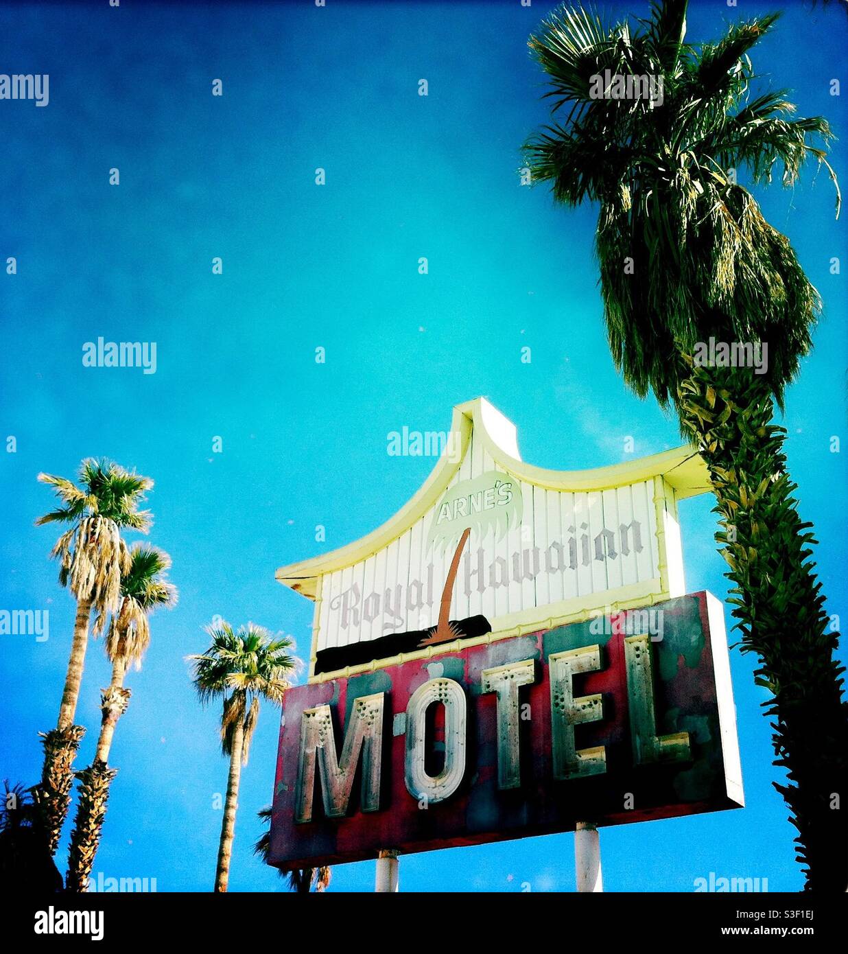Motel sign in California with palm trees and a blue sky - Smartphone Captured Stock Image