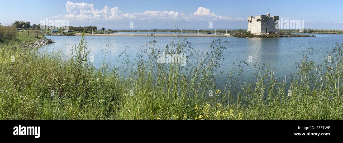 Castle tower on a salt lake, Palavas les Flots, south of France - Smartphone Captured Stock Image