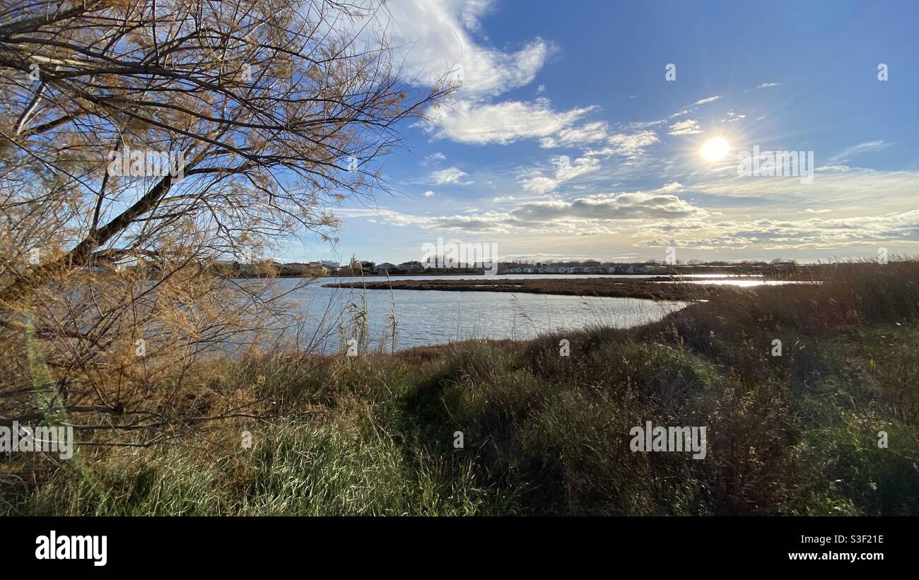 Sunset over a salt lake surrounded by a bog, Palavas les Flots, Occitanie, France - Smartphone Captured Stock Image