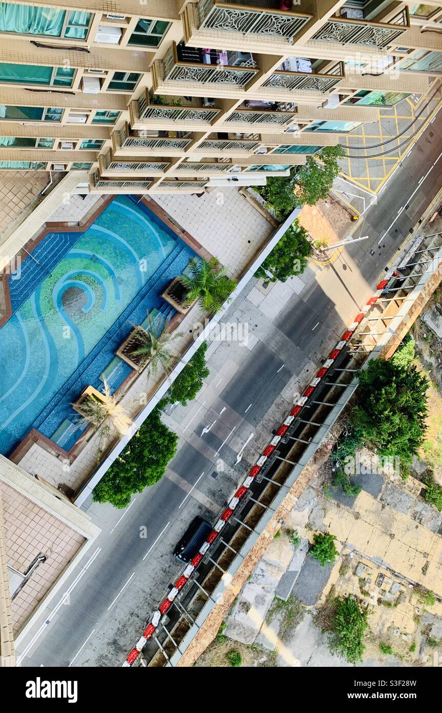 Looking down from a top floor in The Belcher's residential complex in Kennedy town in Hong Kong. Stock Photo