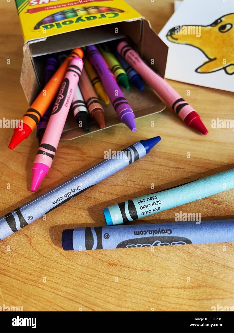 Still life of a box of Crayola crayons and a child’s drawing, USA Stock