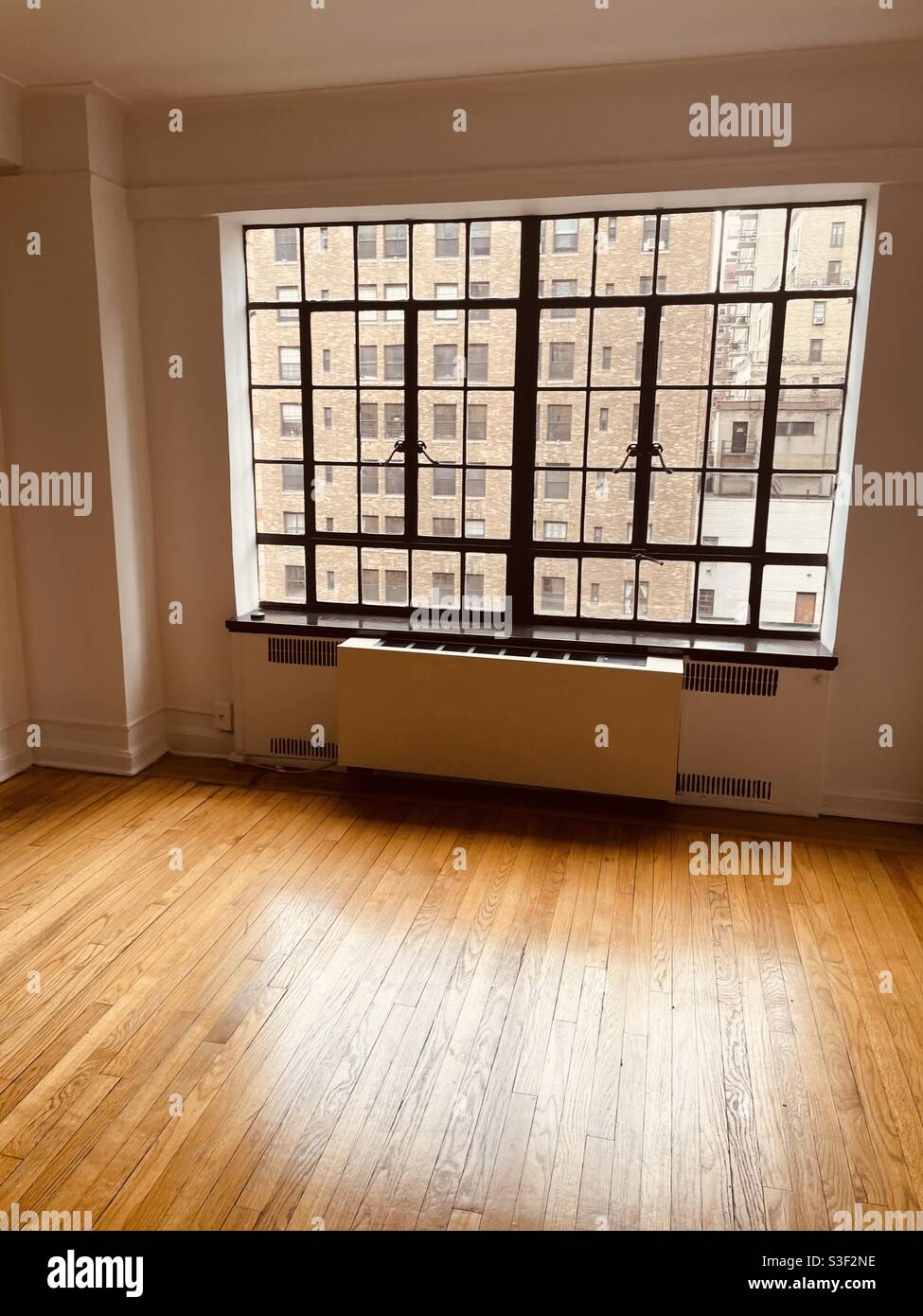 Beautiful wood floors and wrought iron window frames in an historic pre-war building Stock Photo