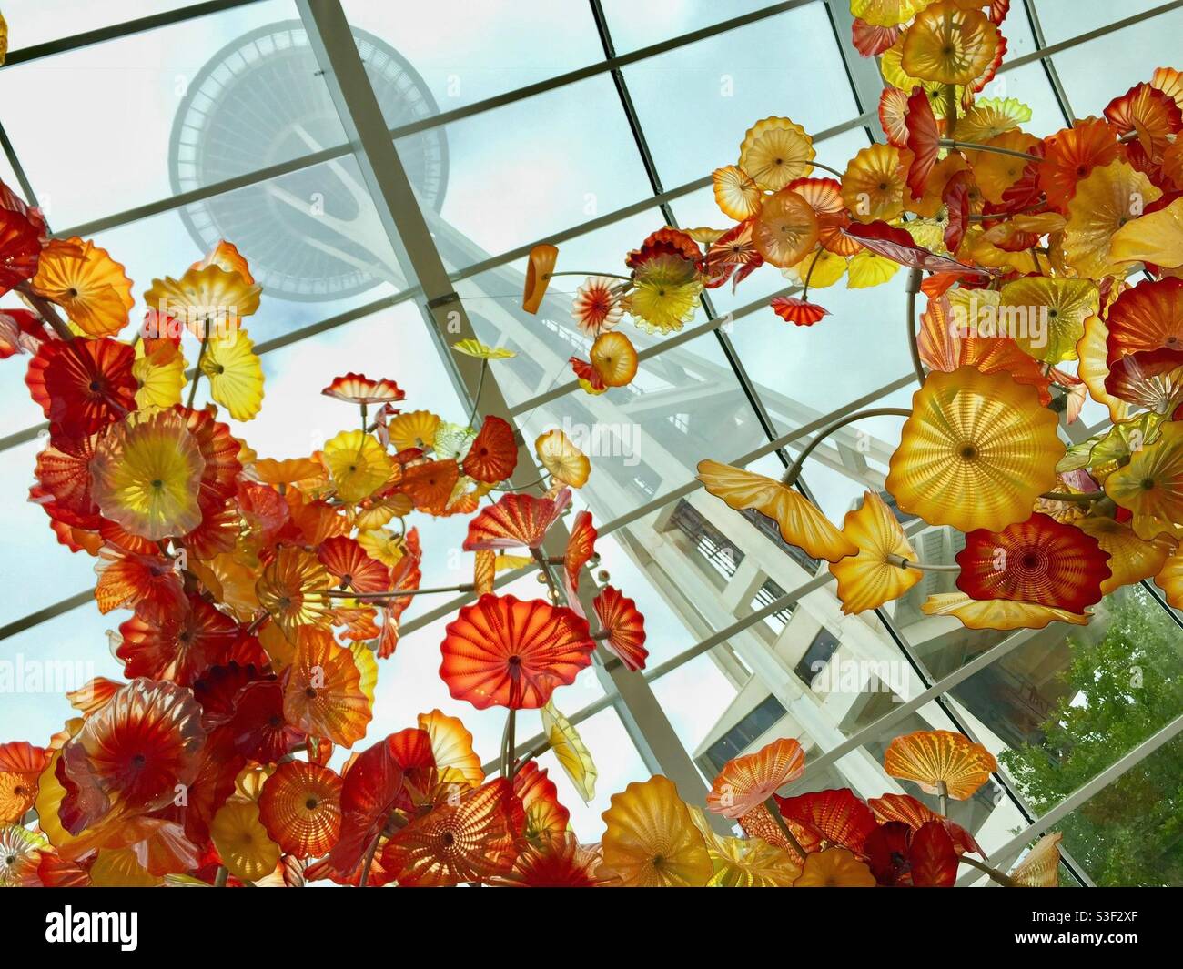 Low angle view of the Space Needle seen through red and yellow blown glass flower sculptures at Chihuly Garden and Glass, Seattle, Washington - Smartphone Captured Stock Image