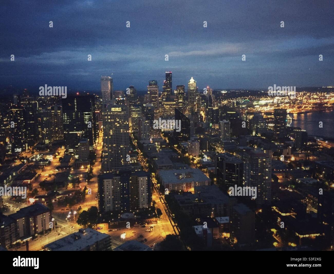 Night time view of Seattle, Washington from the Space Needle observation deck - Smartphone Captured Stock Image