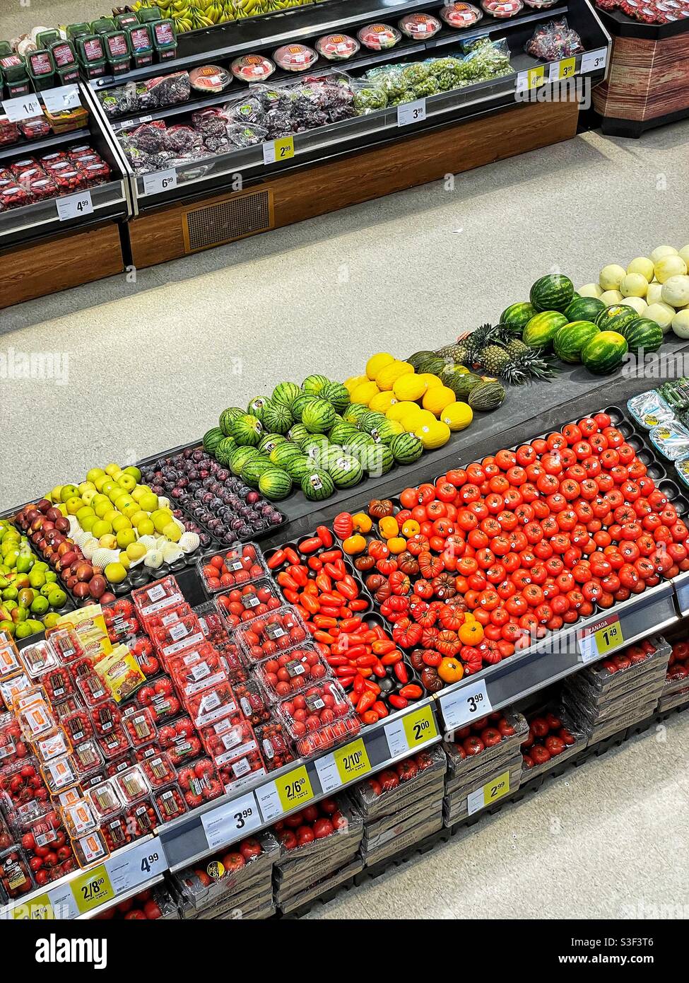 Grocery store produce section. Stock Photo