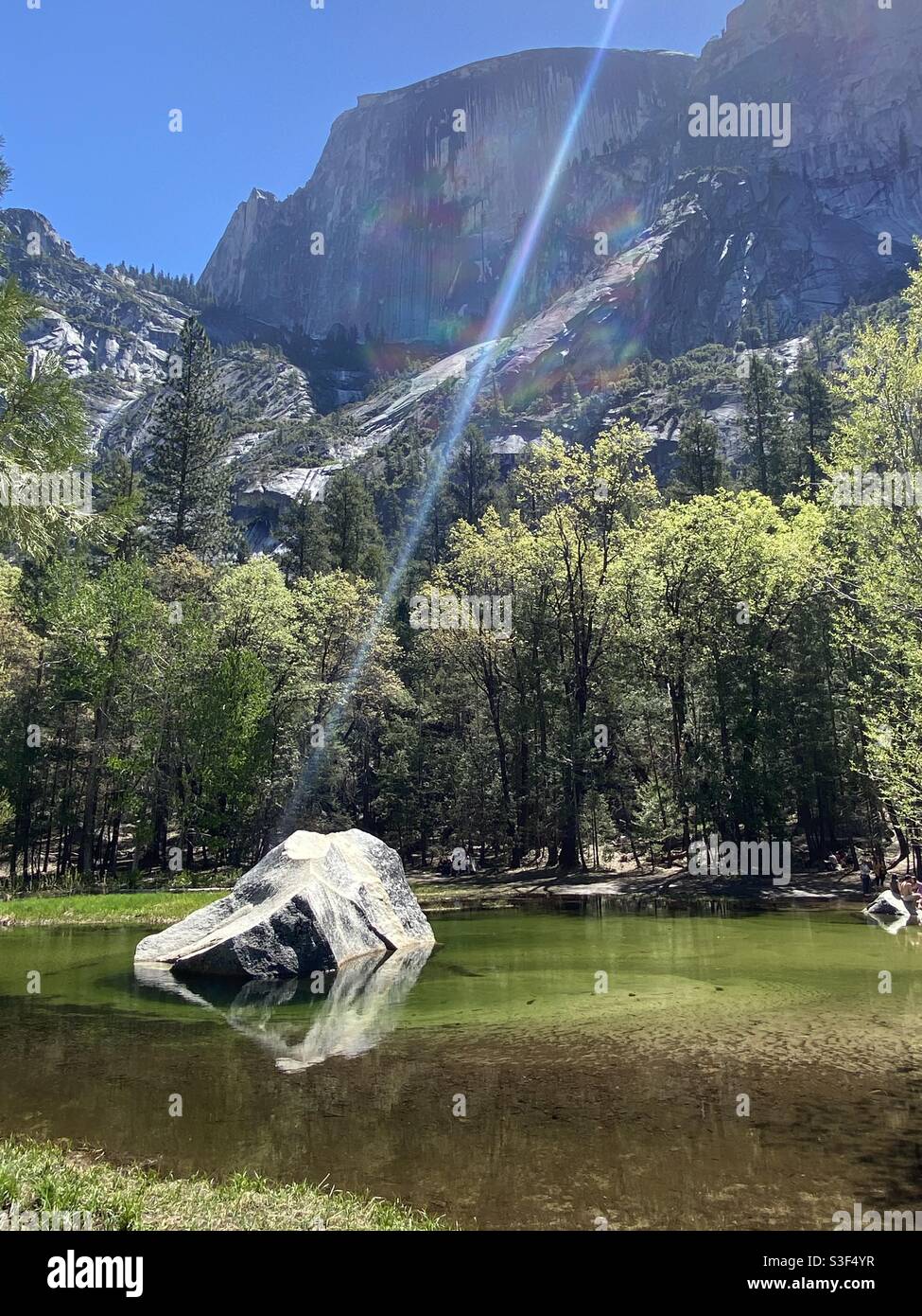 Laser beam of light shining on a rock in Mirror Lake in Yosemite National Park - Smartphone Captured Stock Image