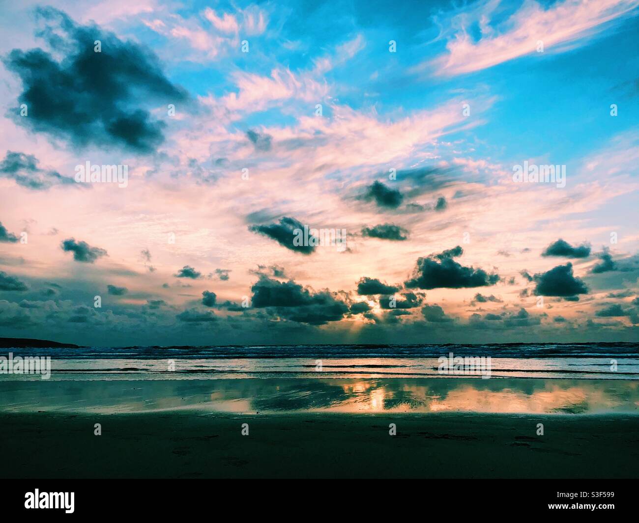 Sunset over the beach in Cornwall - Smartphone Captured Stock Image