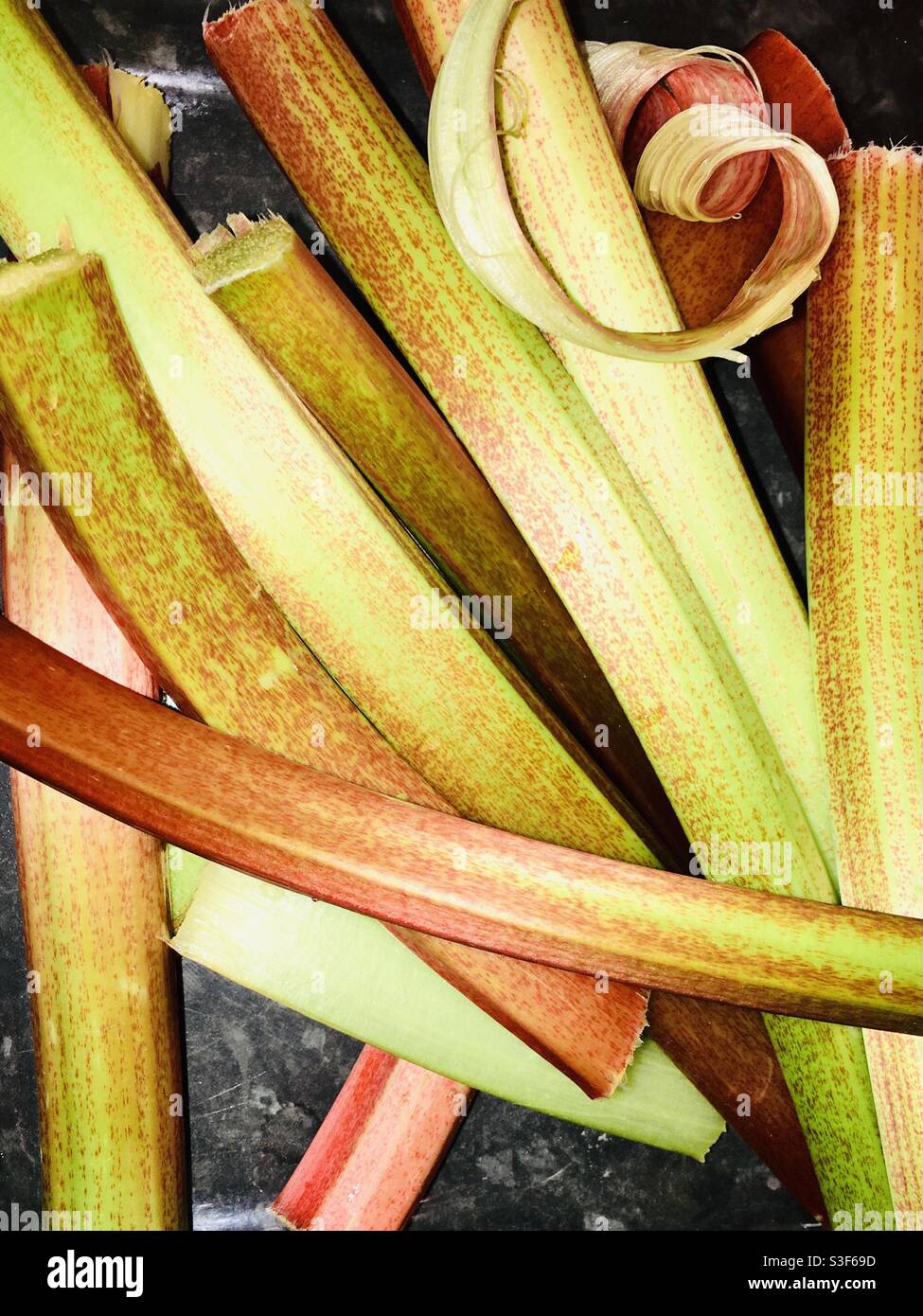 Closeup of freshly prepared home grown rhubarb Stock Photo