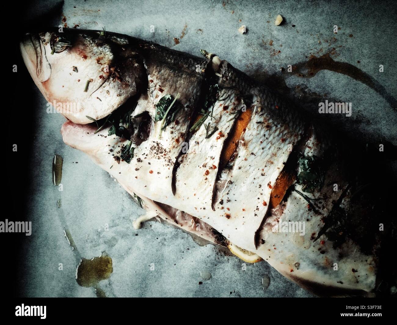 Close up shot of marinated sea bass - Smartphone Captured Stock Image
