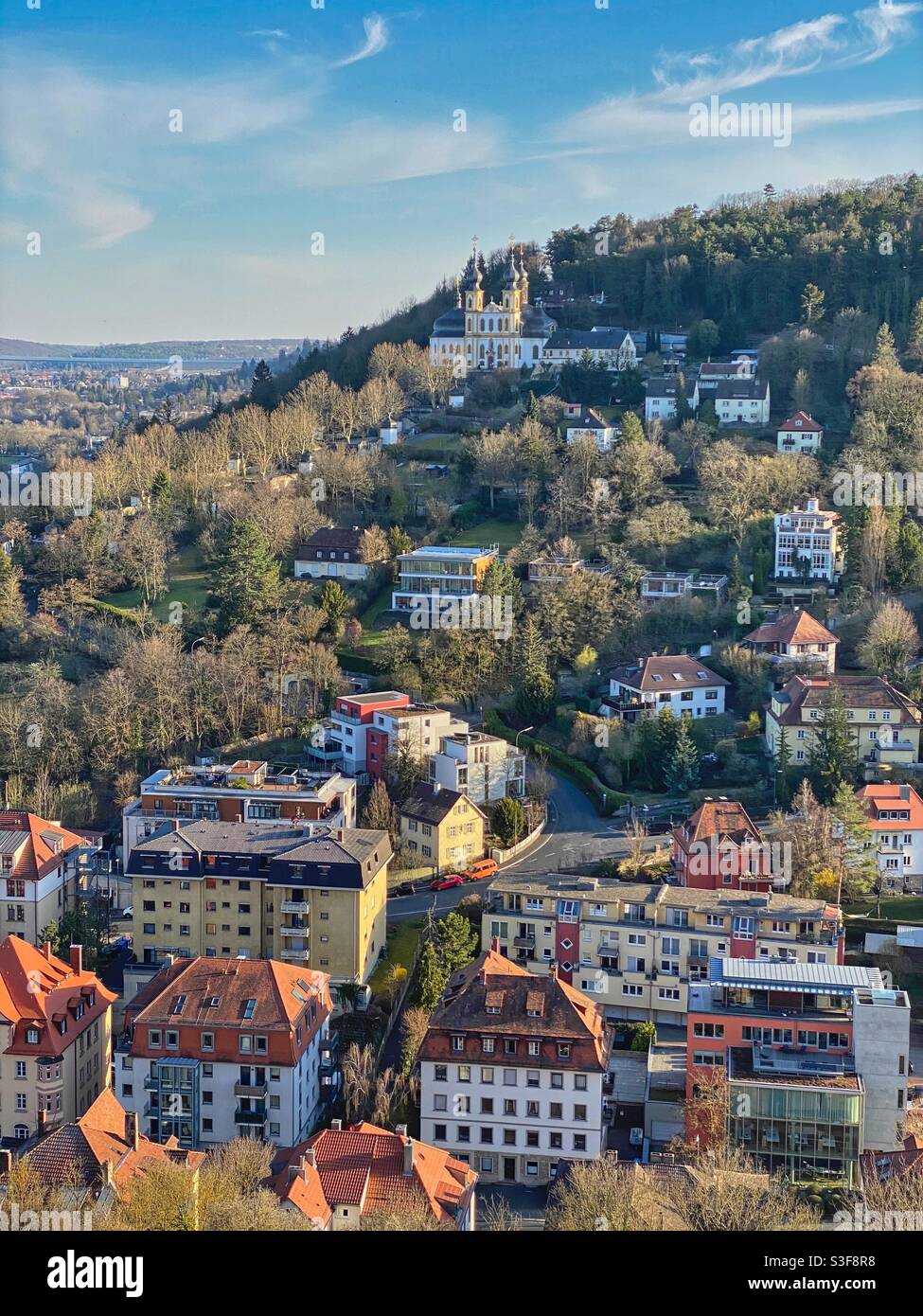 View at Zellerau district and Käppele Church from Marienberg hill in Würzburg, Germany. Stock Photo