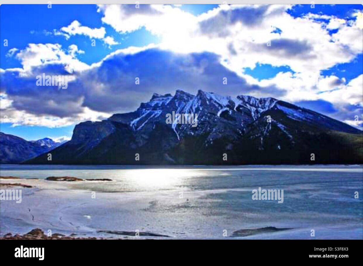 Mount Aylmer and Lake Minnewanka, Banff National Park, Alberta, Canada - Smartphone Captured Stock Image