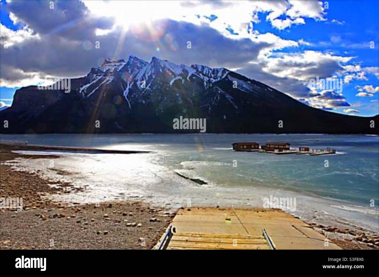 Sunrise, Mount Aylmer, Lake Minnewanka, Free diving platform, Banff National Park, Alberta, Canada,  boat ramp - Smartphone Captured Stock Image