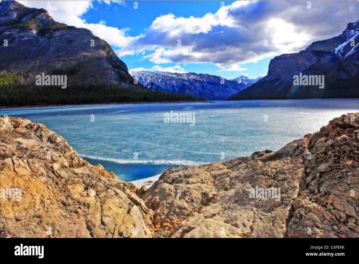 Lake Minnewanka, Sunrise,  Lake, Canadian Rockies, Rocky Mountains, Banff National Park, Alberta, Canada, - Smartphone Captured Stock Image