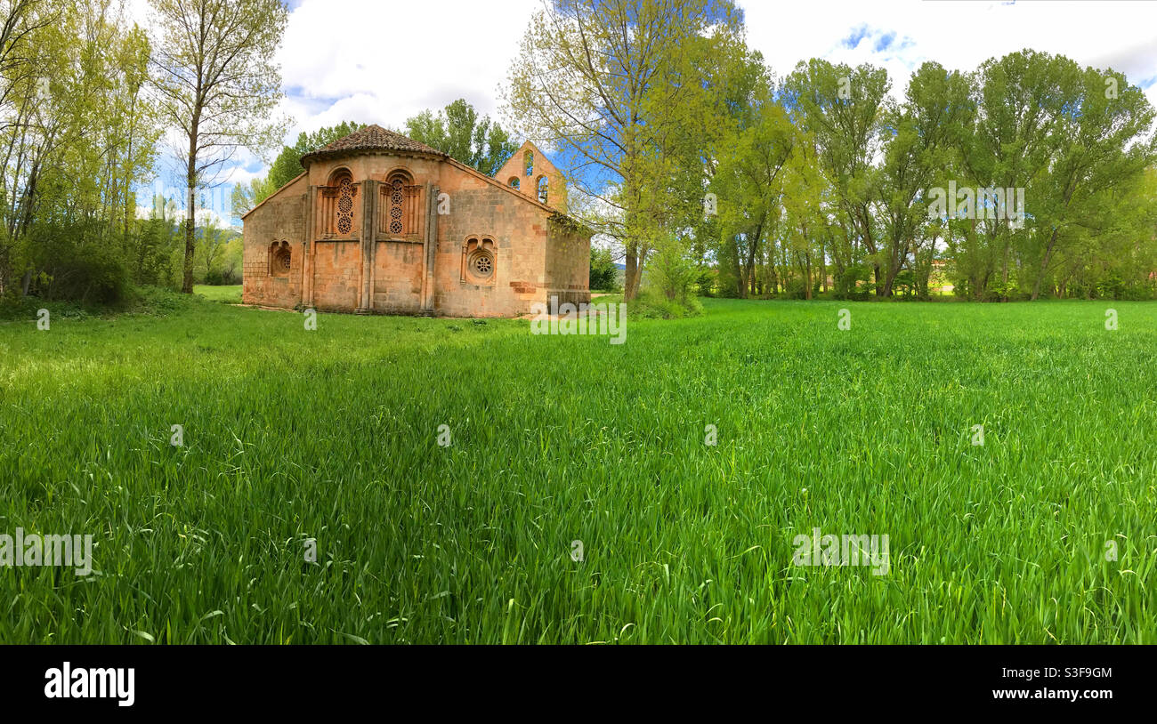 Santa Coloma church, panoramic view. Albendiego, Guadalajara province, Castilla la Mancha, Spain. - Smartphone Captured Stock Image