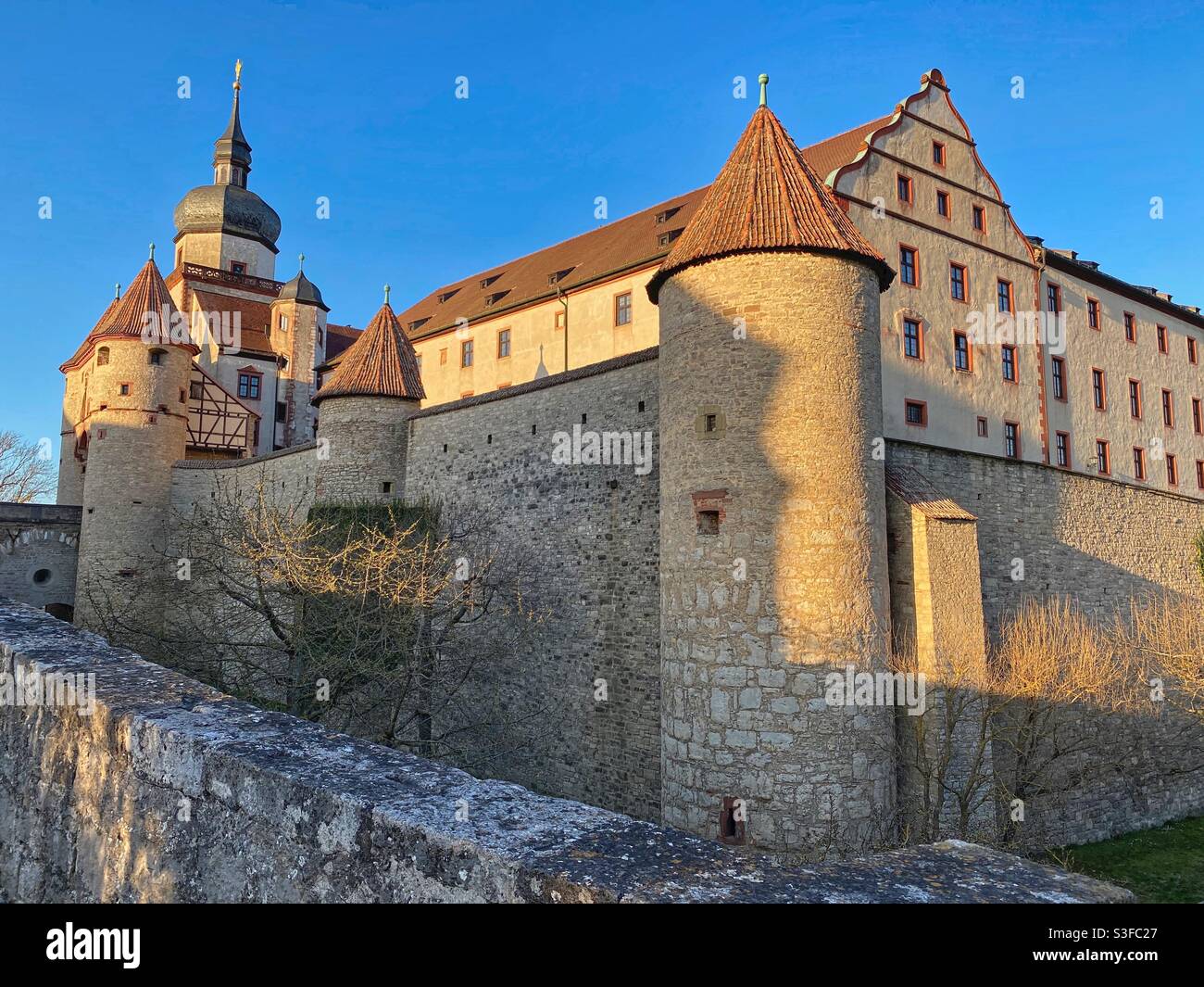 Marienberg Fortress and medieval castle wall in Würzburg, Germany. - Smartphone Captured Stock Image