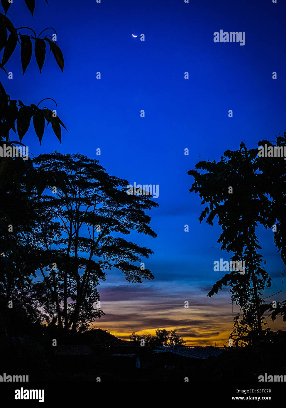 Blue hour with crescent moon Stock Photo Alamy