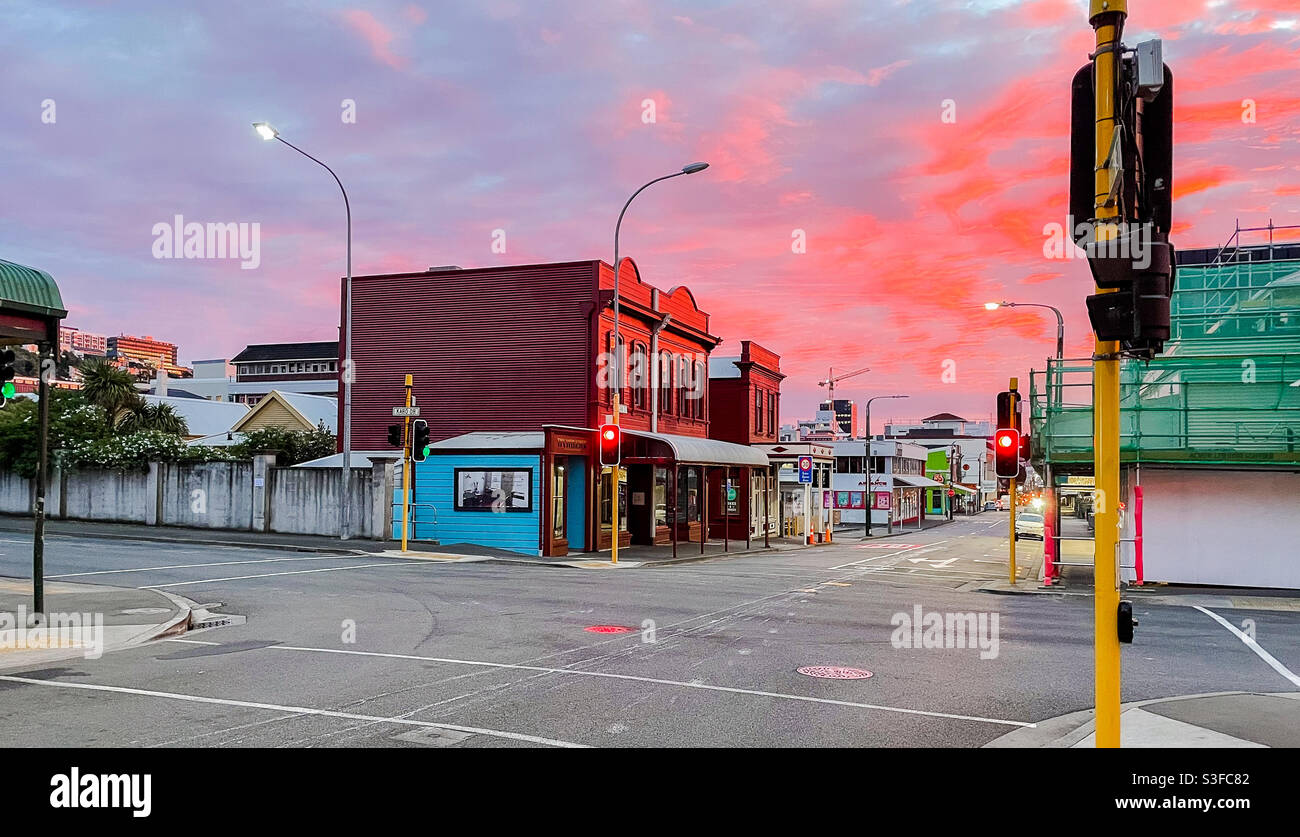 Cuba Street in Wellington New Zealand at sunrise Stock Photo